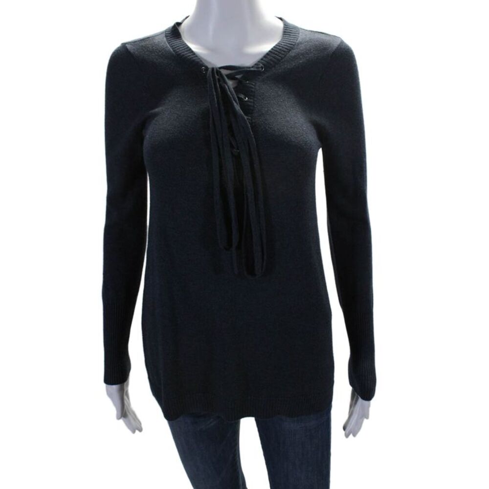 Roi Women's Long Sleeves Lace Up V-Neck Pullover Sweater Gray Size M
